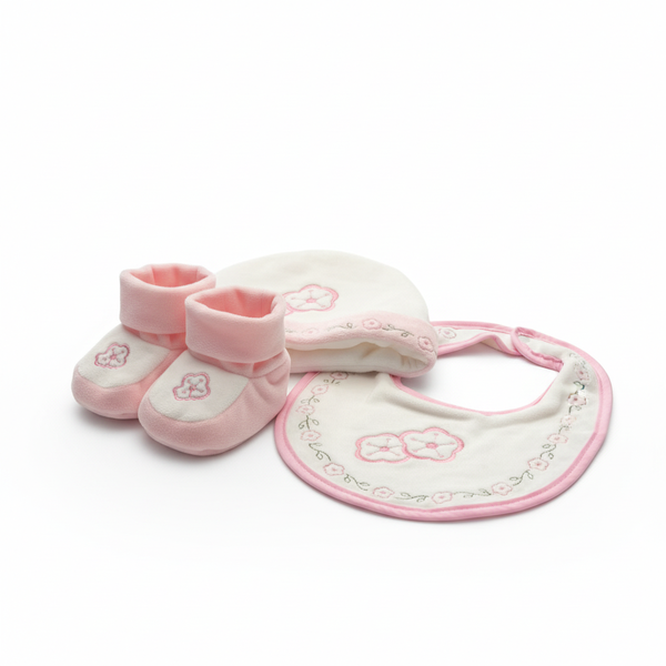 3-Piece Baby Gift Set - Pink &amp; Cream with Embroidered Flowers