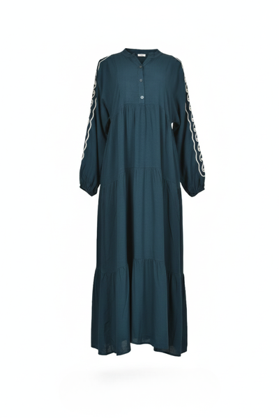 Embroidered Sleeve Button Down Modest Deep Sea Blue Viscose Cotton Dress