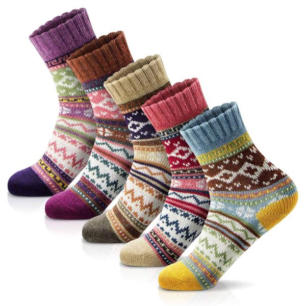5 Pairs Warm Thick Soft Wool Cozy Crew Socks for Woman Socks