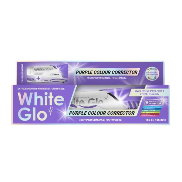 White Glo Whitening Purple Colour Correcting Toothpaste 150g +Toothbrush