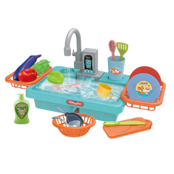 Toddler Kitchen Pretend Dishwashing Sink Set with Dishes Toy - Blue