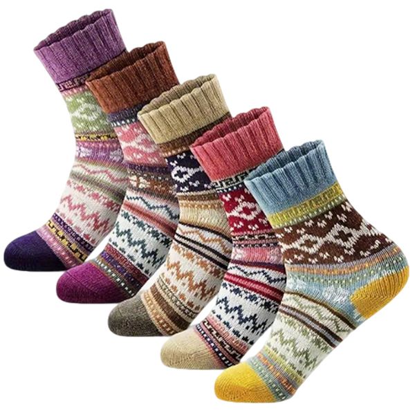 5 Pairs Winter Warm Thermal Vintage Thick Crew Knit Socks for Women
