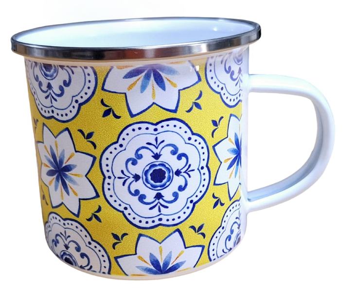 Beautiful Enamel Mug - Yellow with Blue &amp; White Round &amp; Spiky Flowers