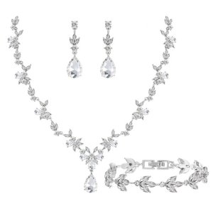 Silver Floral Bridal Jewelry Set | Crystal Necklace Earrings Bracelet