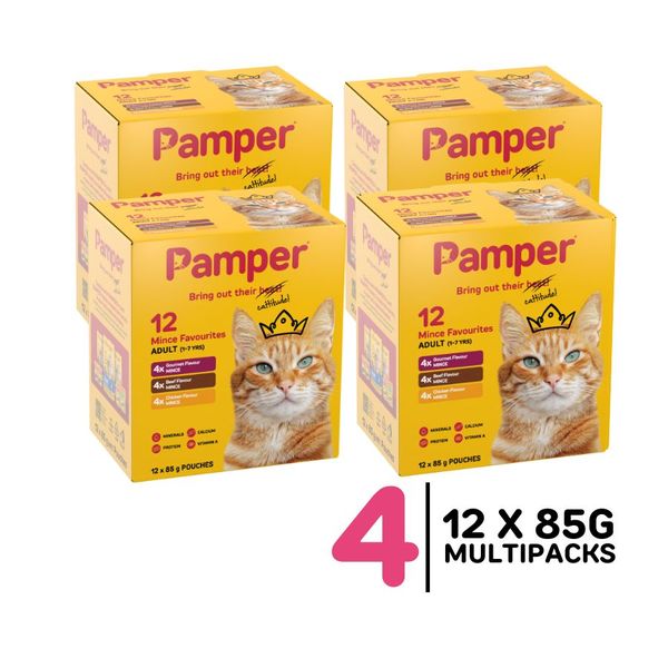 4 x Pamper Wet Cat Food Multipack Mince Favourites Flavour (12 x 85g)