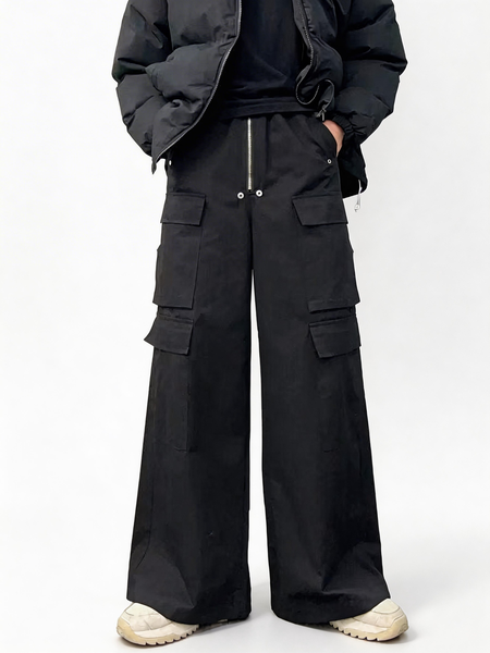 Black Cargo Pants Multi-Pocket Wide Leg Loose Fit Casual Trousers for Men