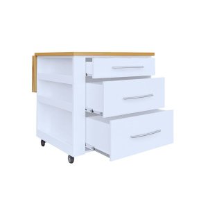 Large Kitchen Island on Wheels with Fold-Out Table and Drawers - White