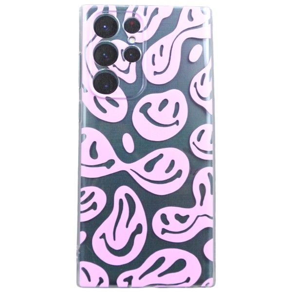 Pink Abstract Smiley Print Phone Case For Samsung S22 Ultra - Transparent