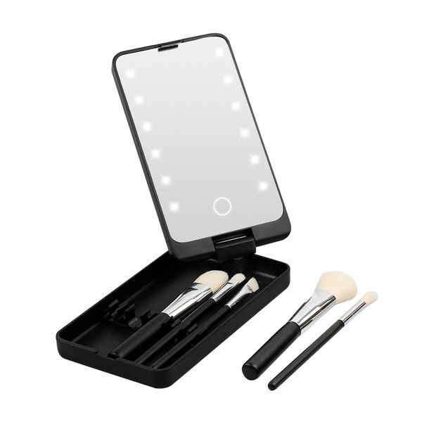Portable LED Folding Rotating Cosmetic Mirror Storage Box with 5 Brush