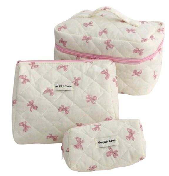 3-Piece Bow Quilted Makeup Bag Set - Large Capacity Travel Toiletry Bags