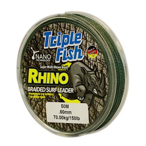 Triple Fish RHINO BRAIDED LEADER 68KG/150LB .60MM, Colour Green, 50m Spool