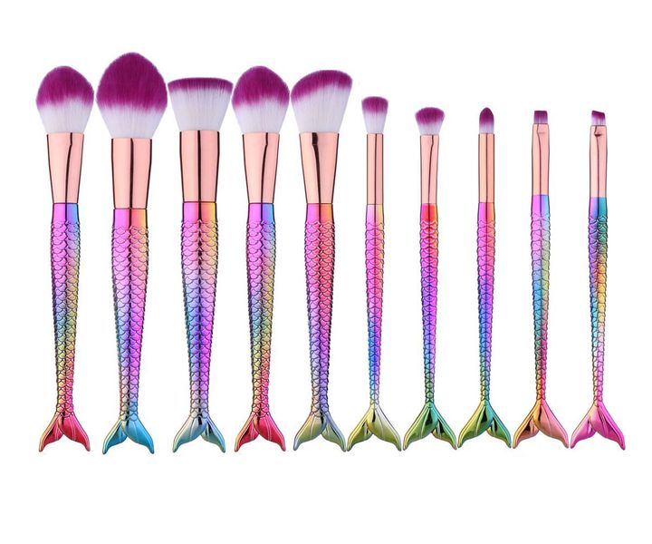10 Piece Mermaid Professional Makeup Brush Cosmetic Set - Gloss Pink &amp; Yellow
