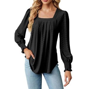 Women Spring Autumn Square Neck Puff Sleeve Long Sleeve T-Shirt Pleated
