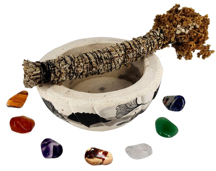 Patterned Cement Smudge Bowl, Imphepo Smudge Wand &amp; 7Chakra stones - Grey