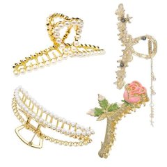 4 Piece Elegant Pearl and Floral Hairclip Collection - Gold