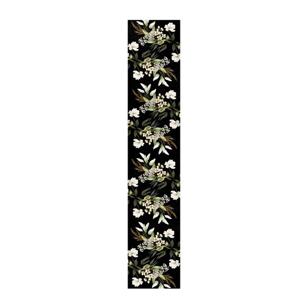 White Floral On Black Table Runner
