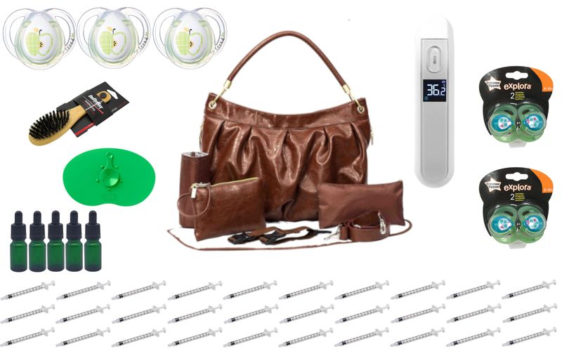 Newborn Baby Bulk Kit W Brown Nappy Changing Bag, Syringe, Medicine Bottle