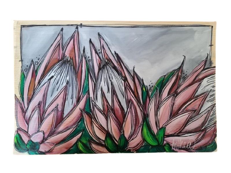 Handmade Wooden Platter Board - Handpainted Protea Trio