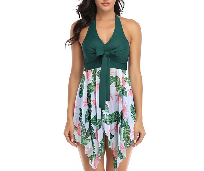 Olive Tree - Ladies Two Piece V neck Halter Bowknot Swimdress - Green