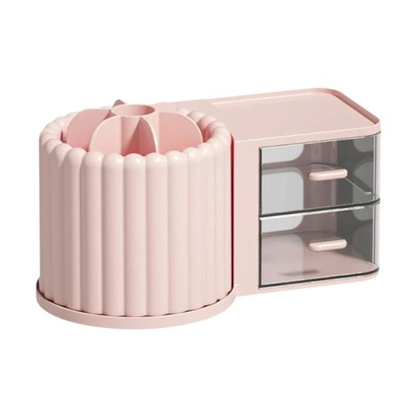 Rotating Cosmetic Storage Box with Pen Holder - Pink