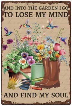 Garden Tin Sign, Flowers Birds Boots Vintage Farmhouse Decor