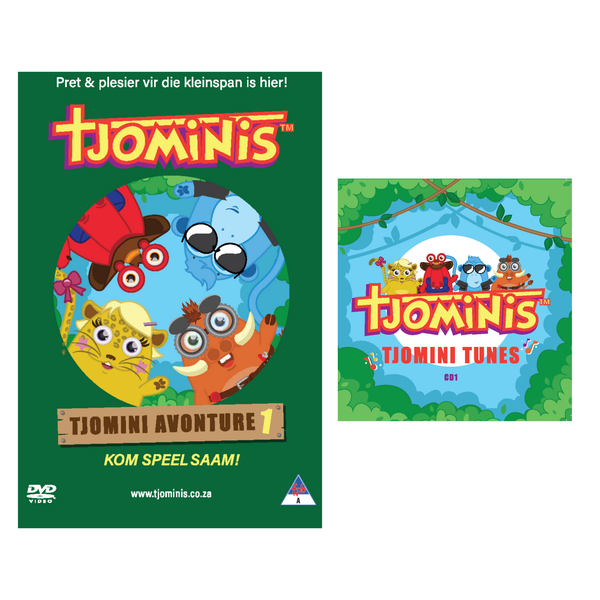 Tjomini Avonture DVD en Tjomini Tunes Afrikaanse liedjes CD Kombinasie