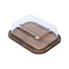 Large Elegant Bamboo Butter Dish With Crystal Clear Glass Lid - Transparent