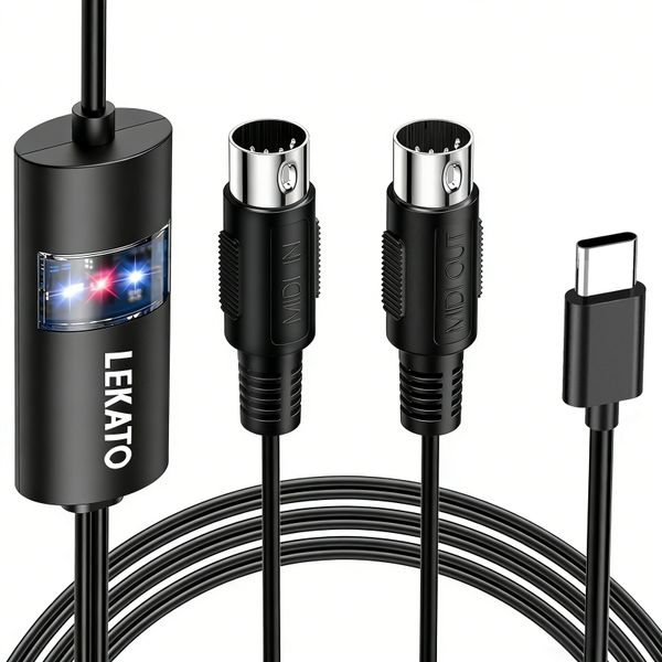 LEKATO MIDI to USB C Interface 16 Channels MIDI Cable 1 In 1 Out