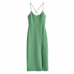 Back Straps Side Slit Green Dress