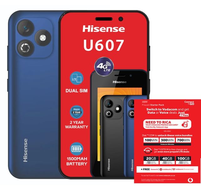 Hisense U607 8GB 4G Dual Sim - Blue(NL) + Vodacom SIM Card Pack