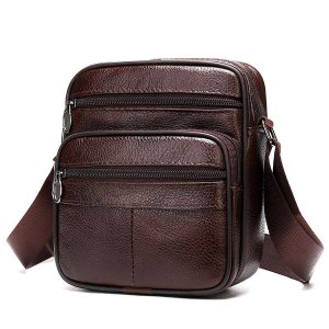 Genuine Leather Bag T500 Retro Crossbody Casual Shoulder Satchel - Coffee