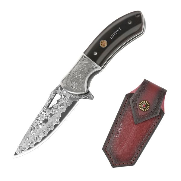 LOKIWT Premium Stainless Damascus Folding Pocket Knife with Leather