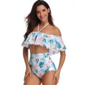 Edendiva's Floral Tassel Halter Neck High Waist Bikini Set - Blue