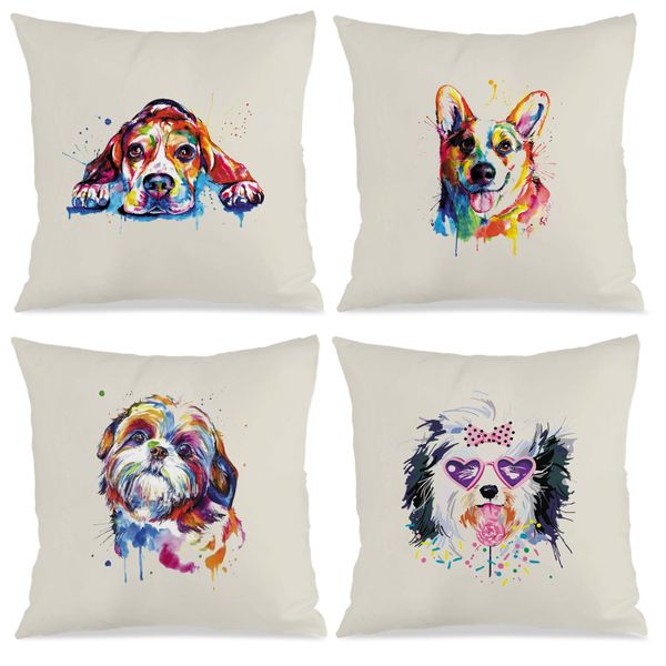4PCS Watercolor Dog Printed Pillow Cases, 45x45cm Square Sofa Cushion Case