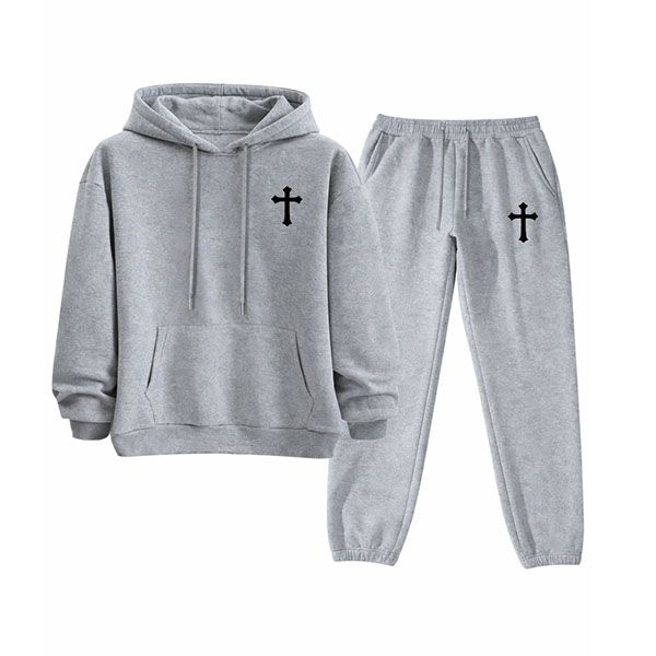 Secret Shield Men's Autumn/Winter Set|Cross Print|Casual Sports Light Grey