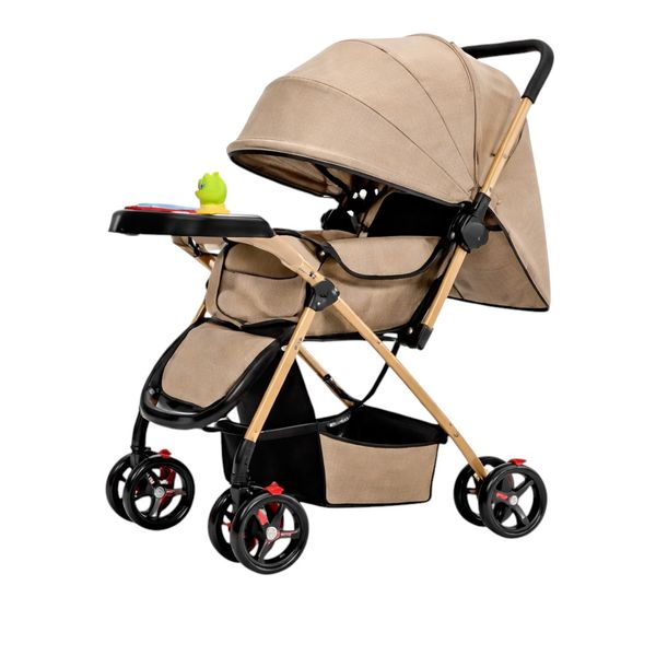 Modern Baby Stroller with Feeding Tray &amp; Storage Basket - Khaki
