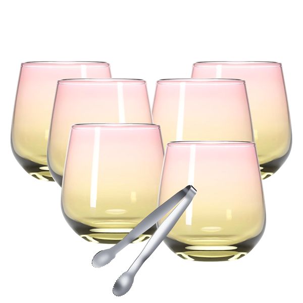 Unique Colorful Stemless Whisky Glasses including Ice cube Tongs - 7-piece