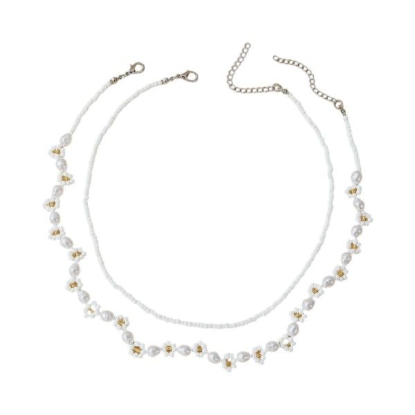 2 Piece - Pearl &amp; Beaded Necklace Set - White
