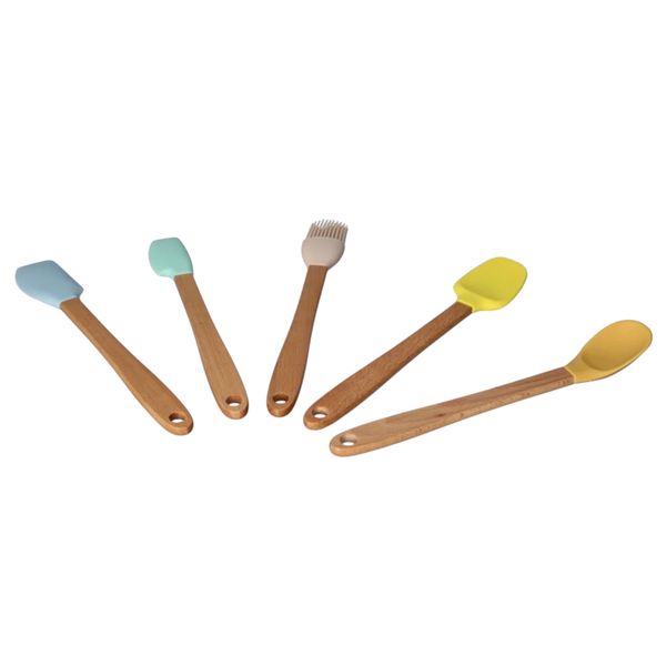 5-Piece Mini Silicone Baking Spatula Set with Bamboo Handles-Pastel Colours