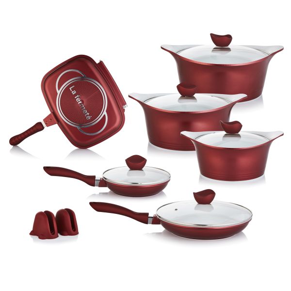 La Fermete Ceramic Coated Aluminium 14 Piece Pot Cookware set - Burgundy