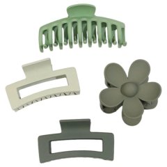 4Piece Matt Textured Floral, Square And Dragon Bone Hair Claw Clips Green