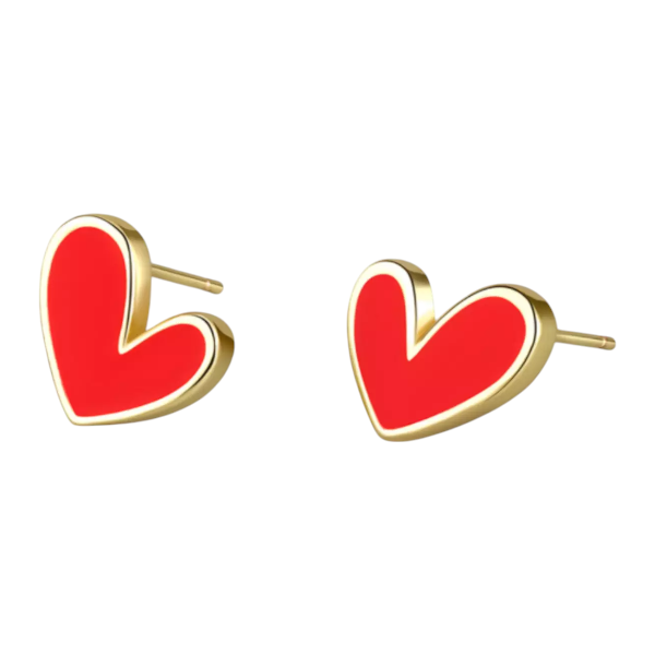 Red Heart - Shaped Enamel Stud Earrings - Gold Toned