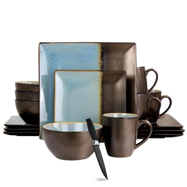 Elite Stoneware Square Blue &amp; Bronze Glossy Finish Dinnerware Set - Set of 17