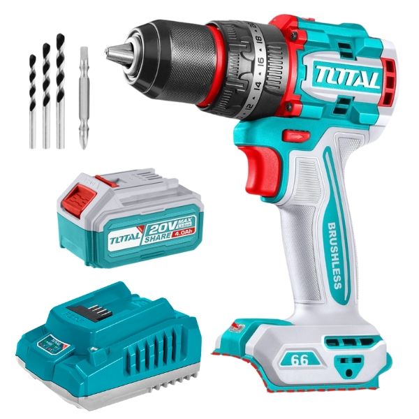 Total Tools - Compact Brushless Cordless Drill with 4Ah Battery and Charger