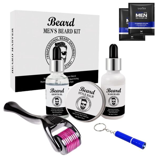 3 Piece Men's Beard Grooming Kit, Derma Roller, Men Masks, LED Keyholder