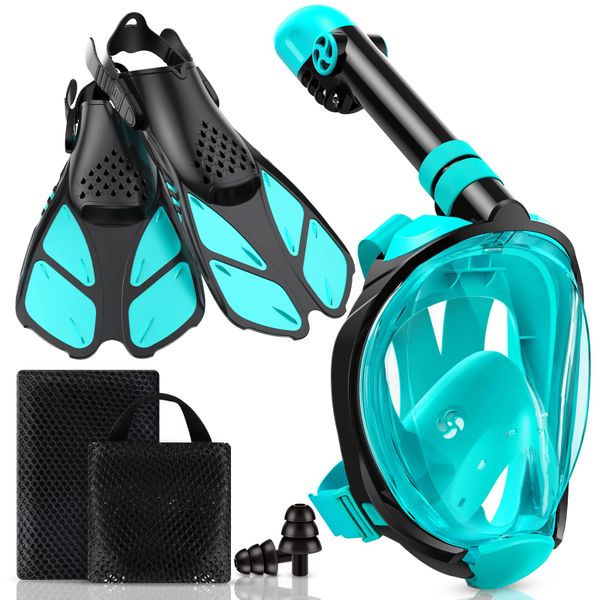Full Face Snorkel Set L/XL - Dry Top Mask, Adjustable Fins |Complete Kit