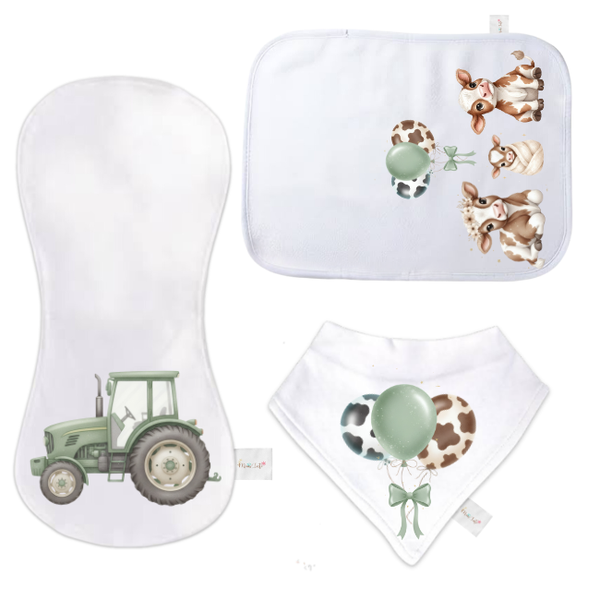 Baby-3 Piece Burp Cloth and Bandana Bib Gift Set-Combo#2-Farmer Pink