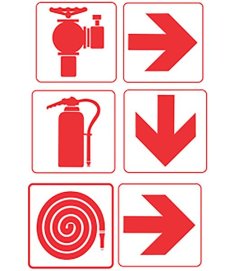 Fire Extinguisher, Fire Hose and Fire hydrant sign 19x19cm - 6 Pack