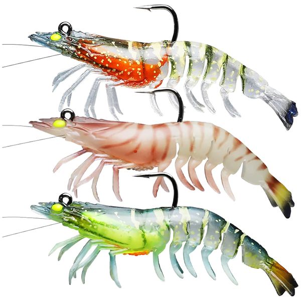 3 Pack Pre-Rigged Shrimp Fishing Lure Jigs For Fresh &amp; Saltwater TPE Baits