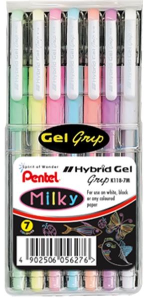 Pentel Hybrid Milky Gel Grip 0.8mm Pens - Wallet of 7